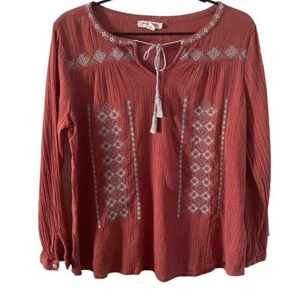 BeachLunchLounge Boho Embroidered Tassel Front Blouse Size Small - Picture 6 of 11